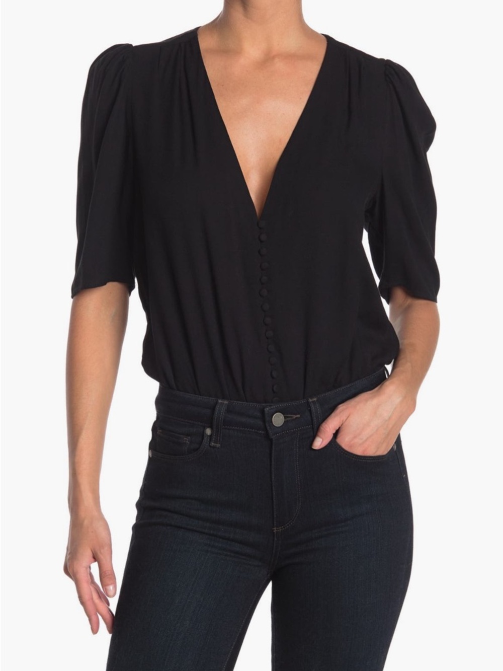AFRM Alexa V Neck Thong Body Suit, Black Puff Sleeve, Large